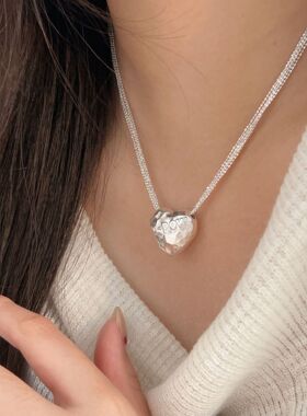 韩国韩版持恒S925纯银敲面爱心项链女小众轻奢设计感高级感锁骨链