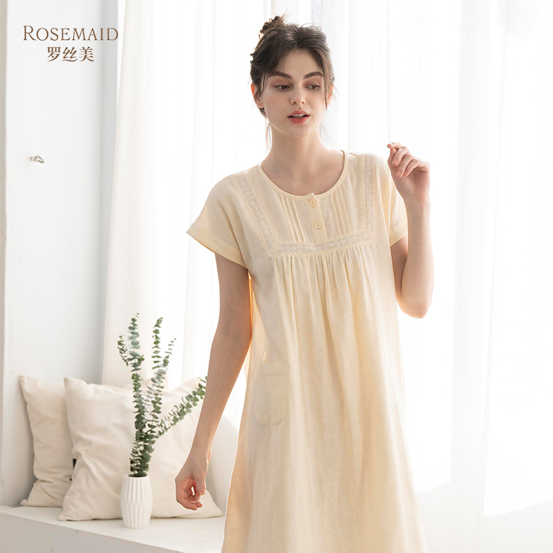 Rosemaid/罗丝美睡裙夏季女款圆领套头短袖纯棉双层纱半开襟12026 - 图1