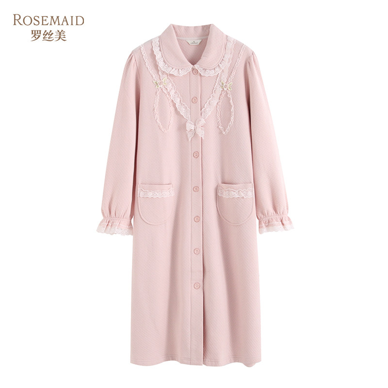 罗丝美秋冬纯棉保暖家居服小翻领全开襟镶蕾丝长袖睡裙睡袍17215,淘宝优惠券,粉丝福利购,淘宝优惠卷