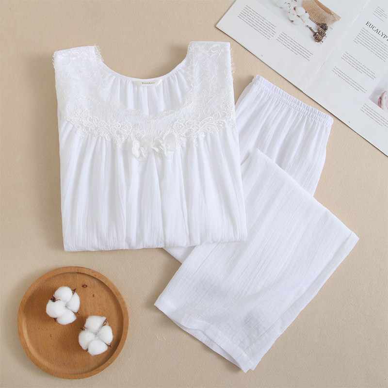 罗丝美春夏新款15042纯棉提花皱布圆领套头镶蕾丝长袖睡衣套装女,淘宝优惠券,粉丝福利购,淘宝优惠卷