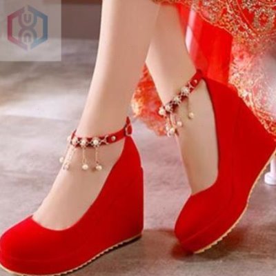 婚纱神器鞋春秋季孕妇红色结婚鞋坡跟新娘高跟伴娘婚礼大码40-43