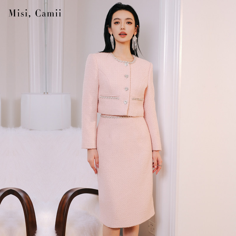 Misi.Camii早秋新款女装名媛风圆珠钻链包裙花呢套装时尚小香风 - 图2