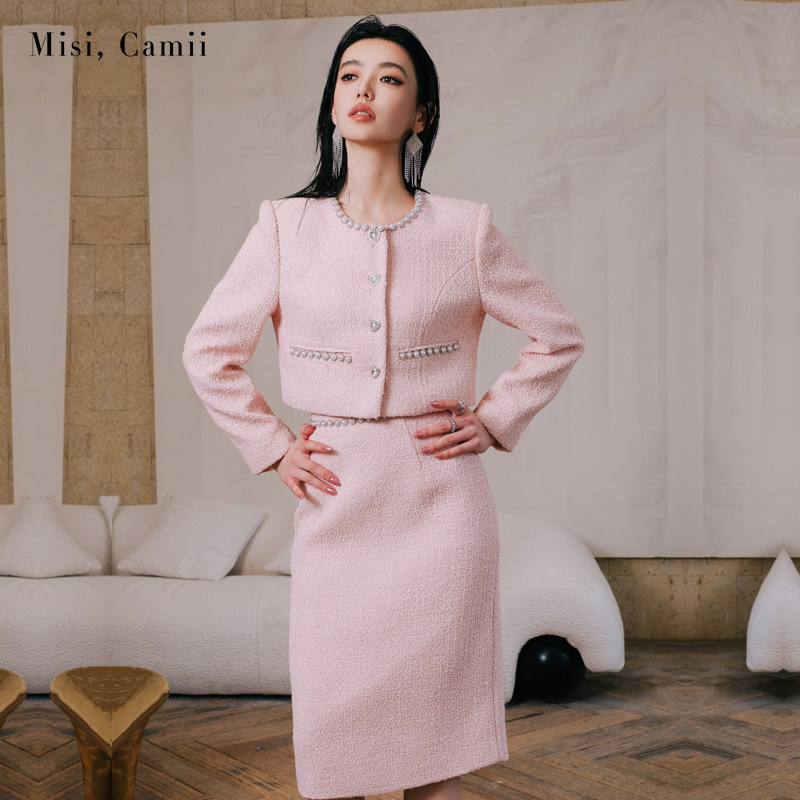 Misi.Camii早秋新款女装名媛风圆珠钻链包裙花呢套装时尚小香风 - 图3