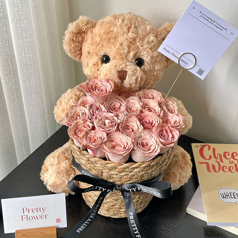 卡布奇诺玫瑰花束小熊抱抱桶鲜花速递同城配送西安成都生日送女友,淘宝优惠券,粉丝福利购,淘宝优惠卷