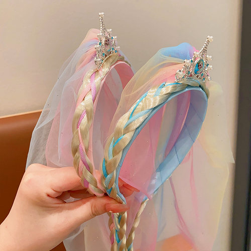 艾莎公主皇冠头饰发箍宝宝假发辫发卡发饰女童头纱头箍宝宝不勒头 - 图2