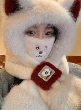 日本冬天帽子围巾一体女冬季加厚保暖护耳帽防寒显脸小防风狐厂家