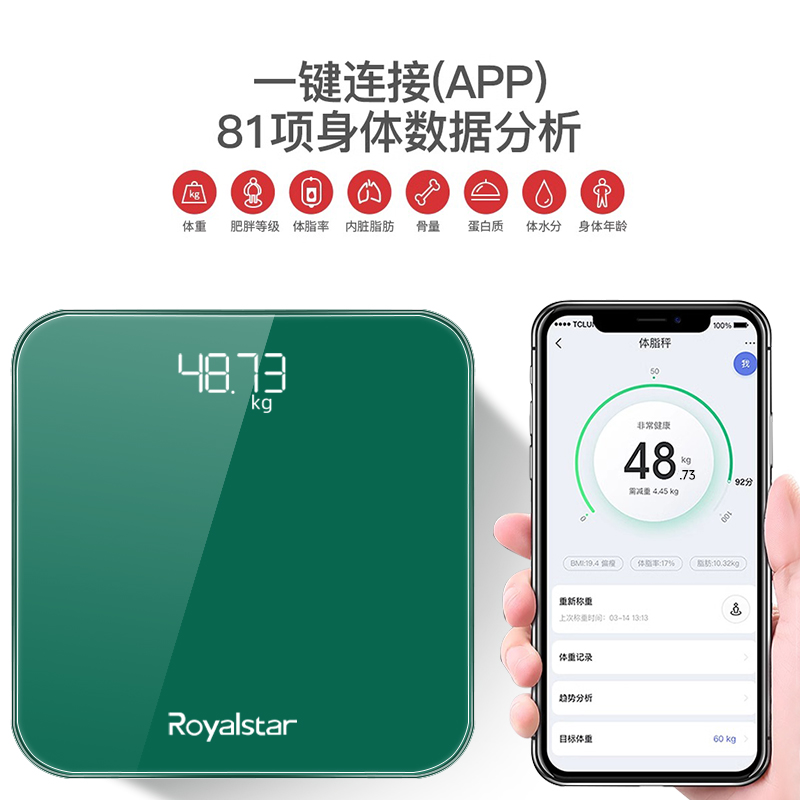 荣事达体重秤体脂家用精准小型电子称智能宿舍人体耐用充电称重计主图1