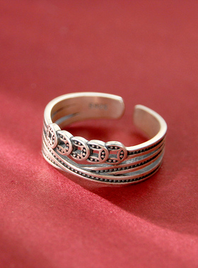 925银简约交叉线条铜钱戒指复古