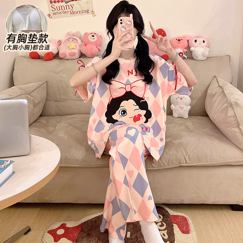 卡通KT猫睡衣女款夏带胸垫短袖长裤薄款纯棉2025年新款套装可外穿,淘宝优惠券,粉丝福利购,淘宝优惠卷