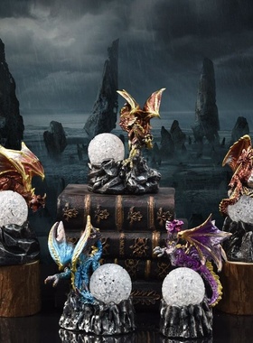 跨境万圣节带灯米力球龙摆件熔岩树脂底座发光恐龙蛋家居装饰