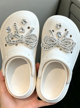 MKOP洞洞鞋配饰高级感鞋扣配件白色闪蝴蝶结鞋花适配Cross/Crocs