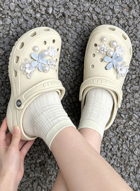 MKOP洞洞鞋配饰高级感鞋扣配件浅蓝布艺小花鞋花适配Cross/Crocs