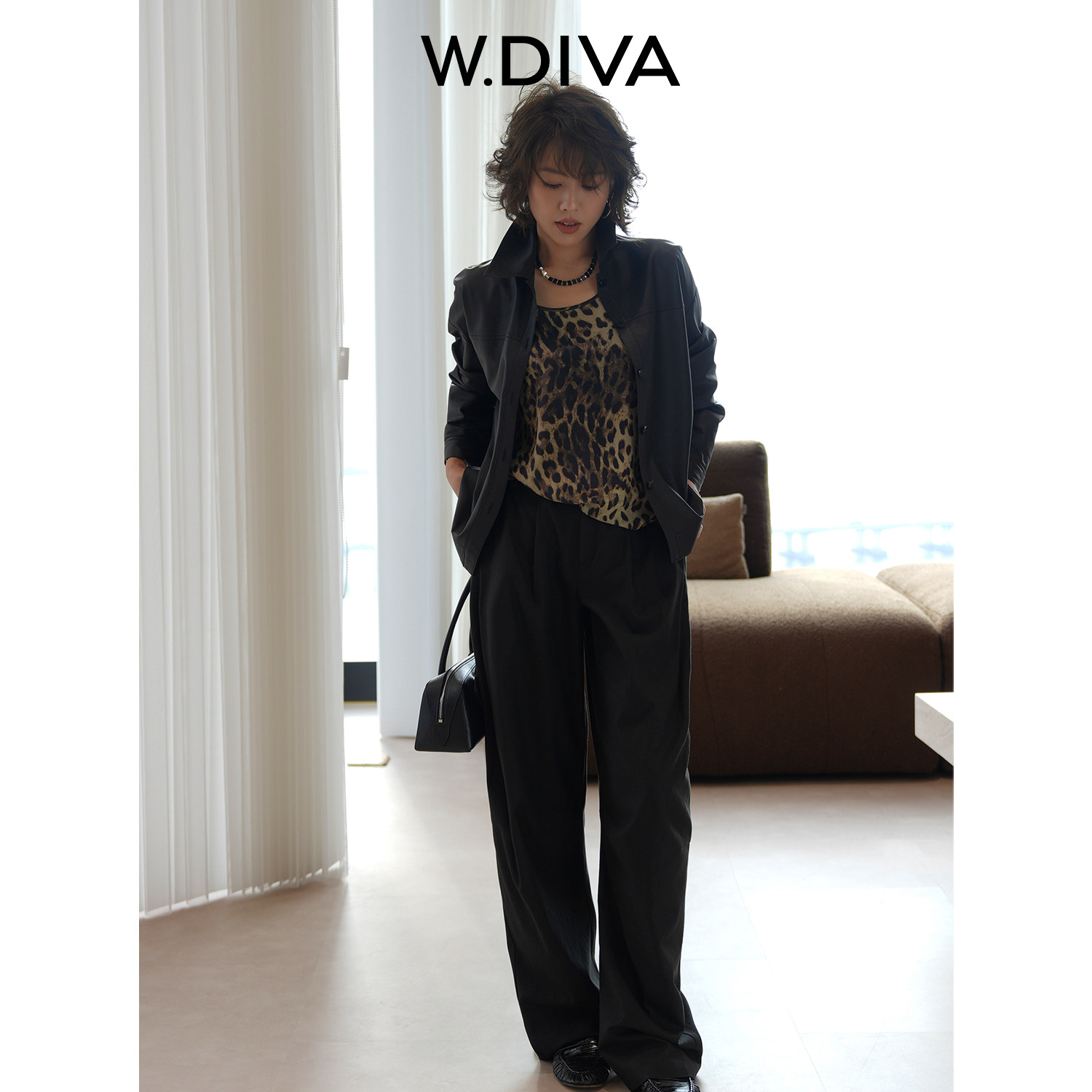 W.Diva【无拘】英国进口羊皮落肩长袖衬衫款复古风廓形皮衣