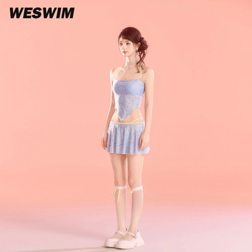 温泉泳衣女款小胸带胸垫高级感度假比基尼性感纯欲抹胸吊带海边蓝 - 图2