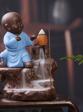 烟倒流香炉创意紫砂功夫小和尚彩砂陶熏炉插香道办公家居车载