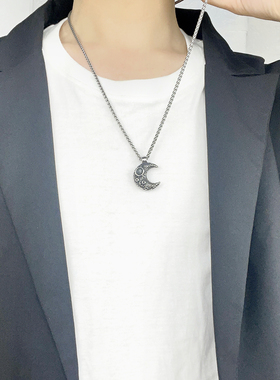 双面可戴男女复古钛钢月亮项链