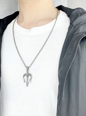 潮男嘻哈复古雕花海王三叉戟项链