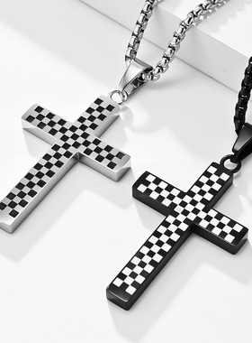黑白方格子纹十字架吊坠钛钢项链