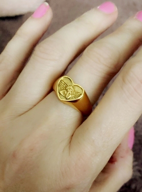 男女钛钢丘比特天使心形印章戒指