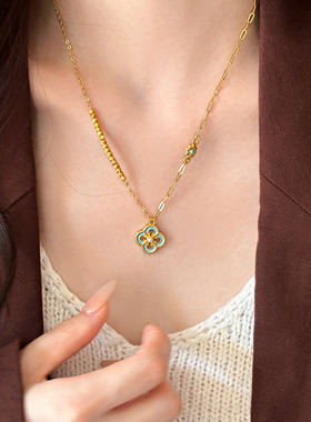 新中式珐琅金色四叶草项链