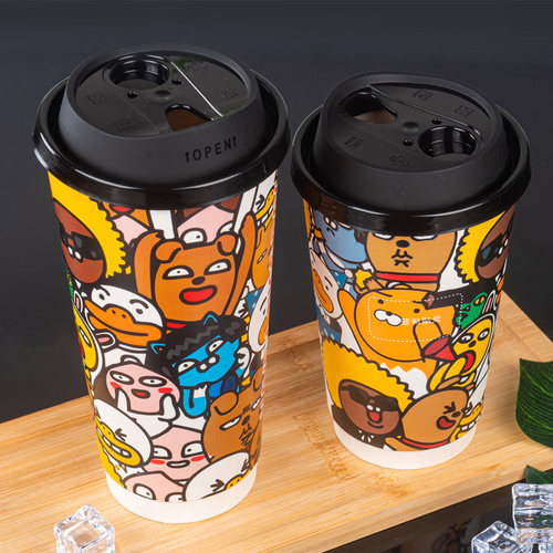 一次性卡通咖啡奶茶纸杯防烫双层冷热饮隔热中空杯包邮定制带盖厚 - 图1