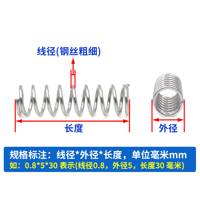 不锈钢小弹簧线径0.6/0.7/0.8外径4/5/6/7/8~12压缩回位压簧定做 - 图0