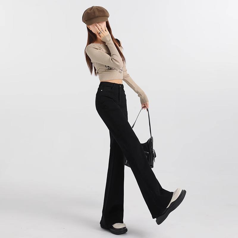 黑色高腰微喇裤女春装新款宽松显瘦弹力不贴腿拖地喇叭马蹄牛仔裤 - 图2