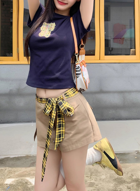 韩系黄色格子绑带丝巾女配短裙子