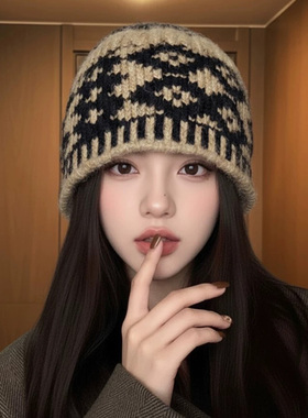 复古格纹针织水桶帽子女款
