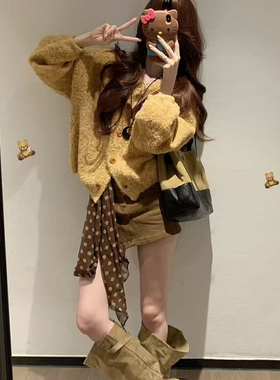 复古咖色波点丝巾腰带女