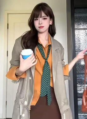 港风复古绿色波点丝巾女