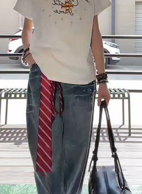 美式复古条纹丝巾腰带女