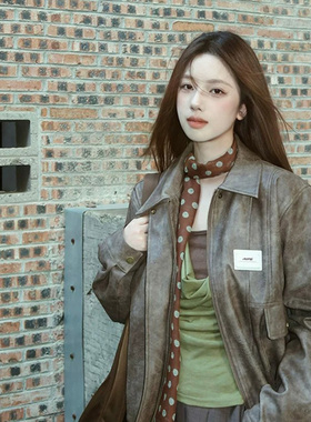 法式棕色波点细窄丝巾女