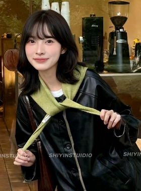 简约复古绿色三角巾围巾女