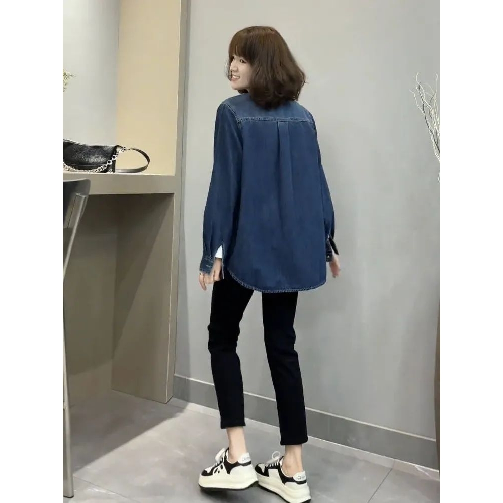 牛仔衬衫女2024开春秋新款中长款衬衣今年流行牛仔衣服女装上衣潮 - 图1