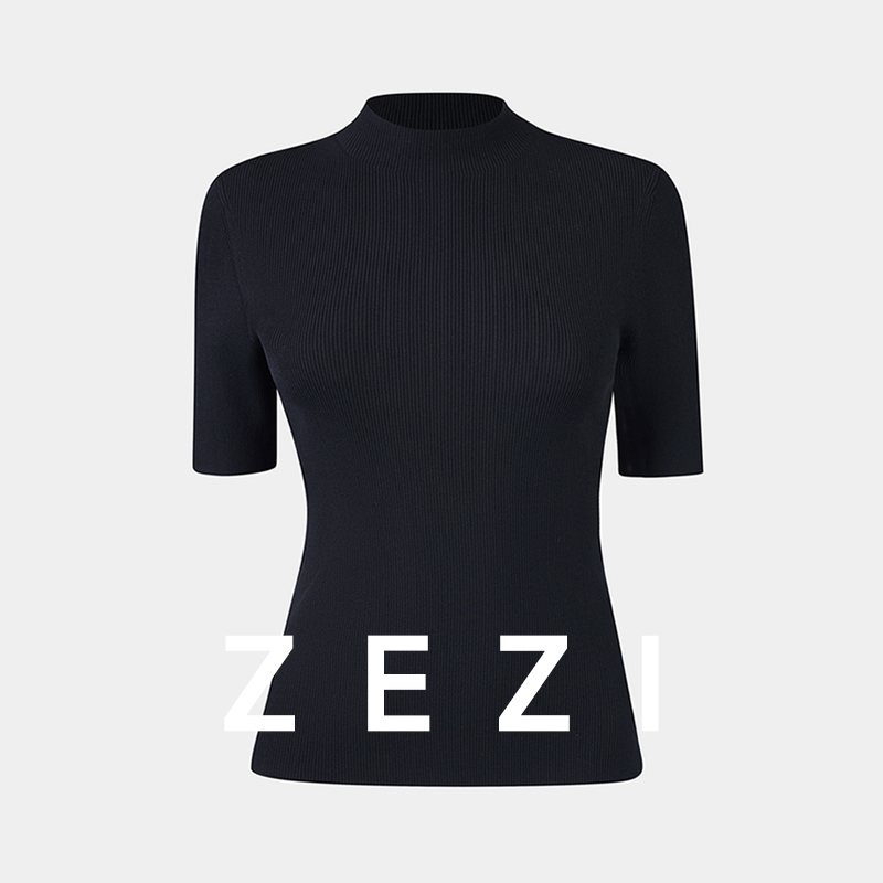 zezi简约高级修身短袖针织衫时尚休闲打底衫半高领百搭亲肤可贴身-图1