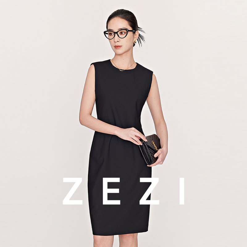 zezi进口丝光羊毛连衣裙女高端夏新款圆领无袖中长款纯色通勤时尚-图2