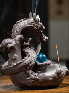 跨境亚马逊紫砂大号龙倒流香炉茶道熏香炉摆件创意龙家居摆件