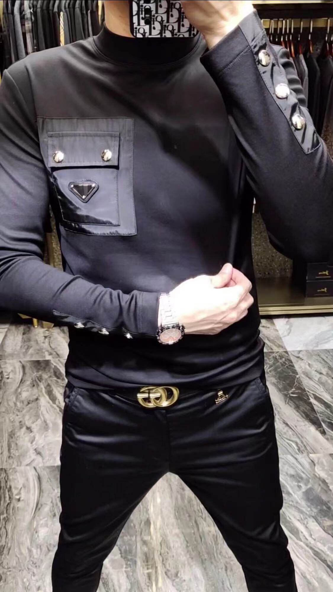 H6607春季新款男士欧货加绒长袖T恤商务休闲百搭寸领拉绒套头衫男