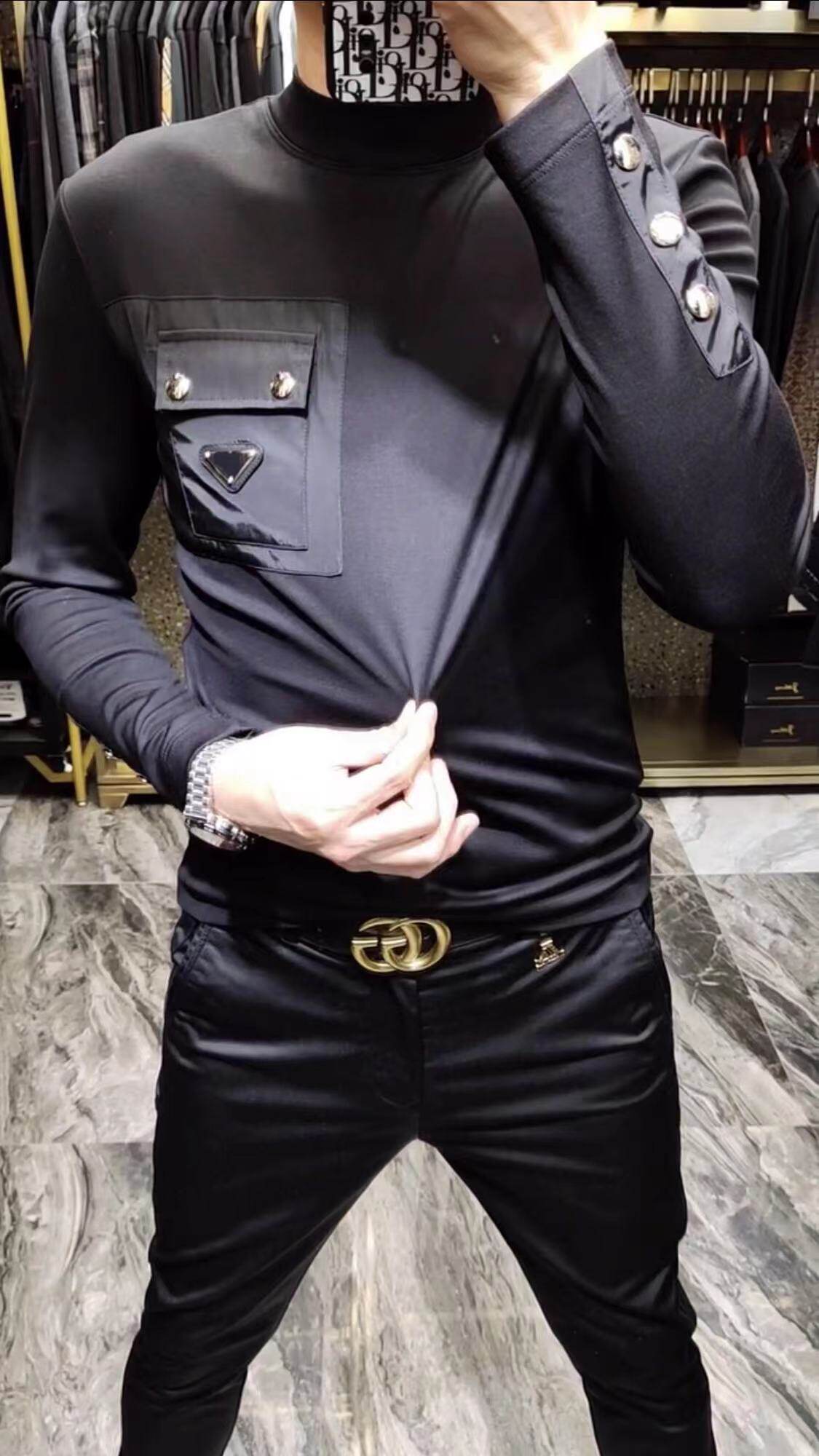 H6607春季新款男士欧货加绒长袖T恤商务休闲百搭寸领拉绒套头衫男