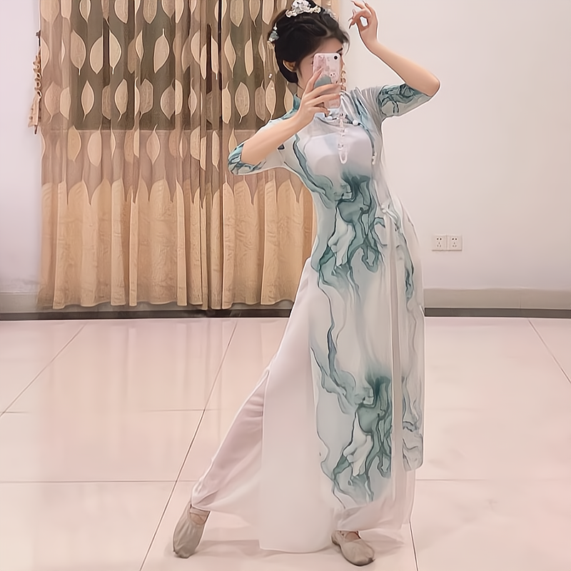 古典舞身韵练功服女旗袍上衣现代舞蹈服飘逸古风爵士舞网纱演出服-图0