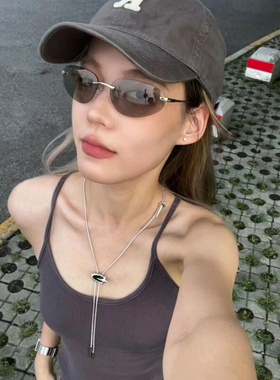 404的店韩版复古大椭圆深灰色无框墨镜防紫外线V凹造型时髦男女