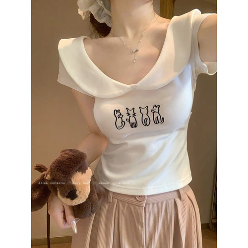 高级感白色短袖女娃娃领上衣夏季百搭纯棉T恤时尚辣妹短款打底衫 - 图2
