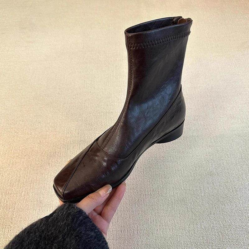 觅华轻奢女鞋企业店复古低跟瘦瘦靴后拉链方显瘦弹力靴女气质短靴,淘宝优惠券,粉丝福利购,淘宝优惠卷