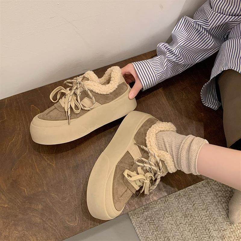 2024冬季新款加绒系带厚底休闲鞋女平底舒适保暖学生板鞋运动鞋女,淘宝优惠券,粉丝福利购,淘宝优惠卷