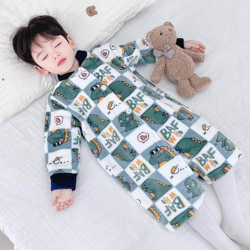 宝宝睡袍秋冬季儿童珊瑚绒加厚法兰绒男女童恐龙睡衣长款连帽浴袍 - 图1
