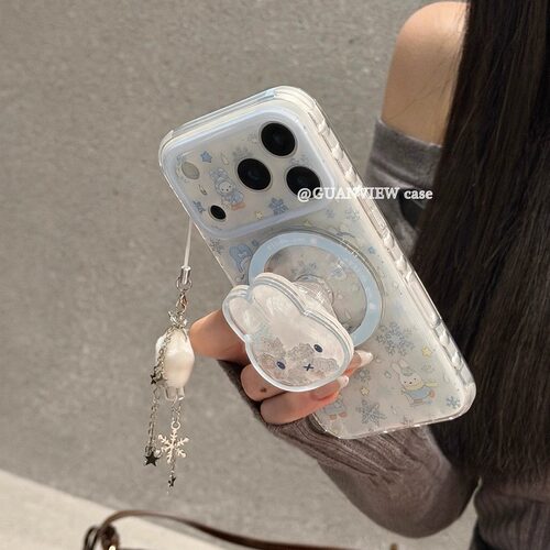 guanview 冬日ins可爱雪花米菲兔摇摇乐磁吸支架适用iphone17promax苹果16pro手机壳带链条15/14双层13防摔套 - 图0