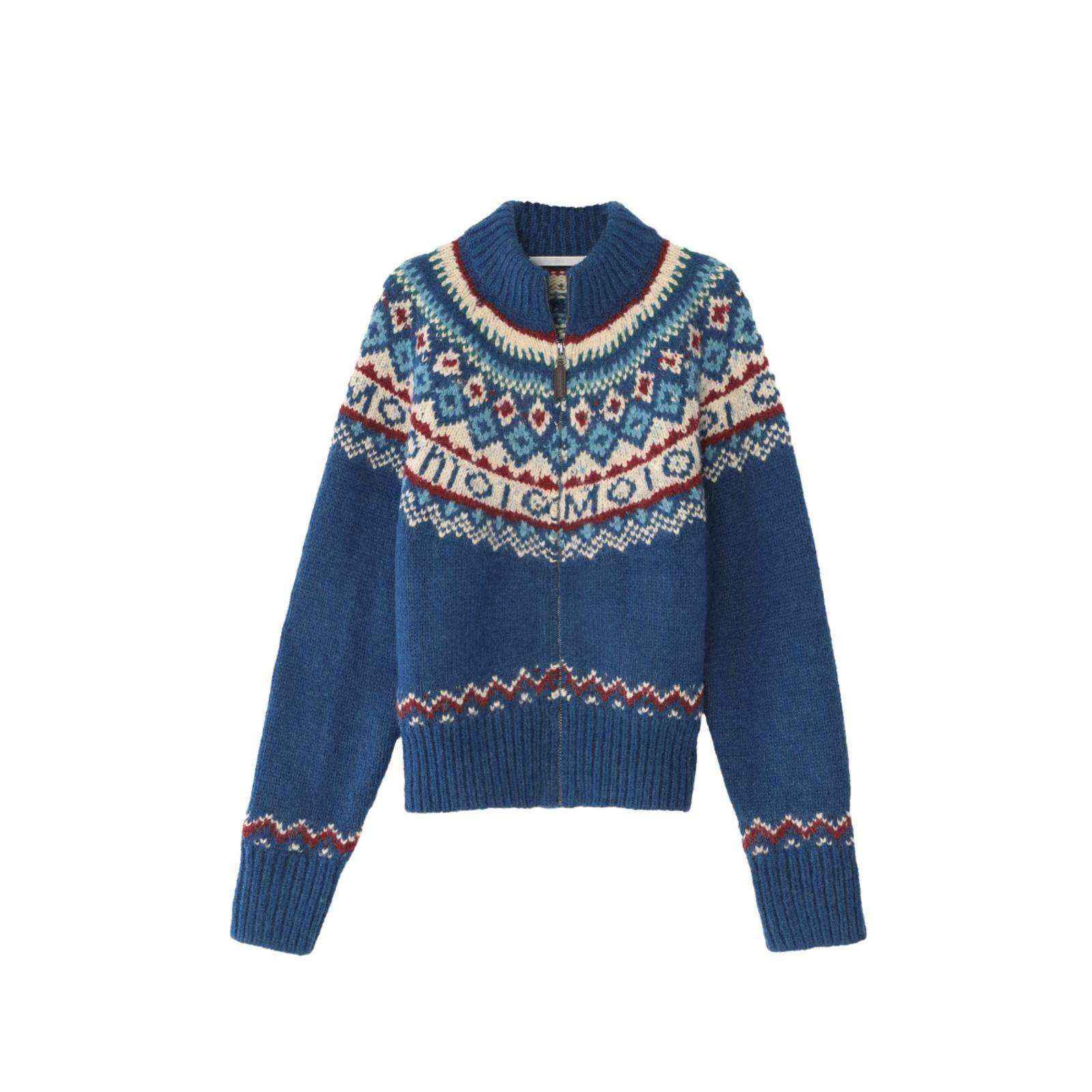 费尔岛蓝色高领毛衣外套女秋冬北欧风复古慵懒风加厚针织开衫冬季,淘宝优惠券,粉丝福利购,淘宝优惠卷