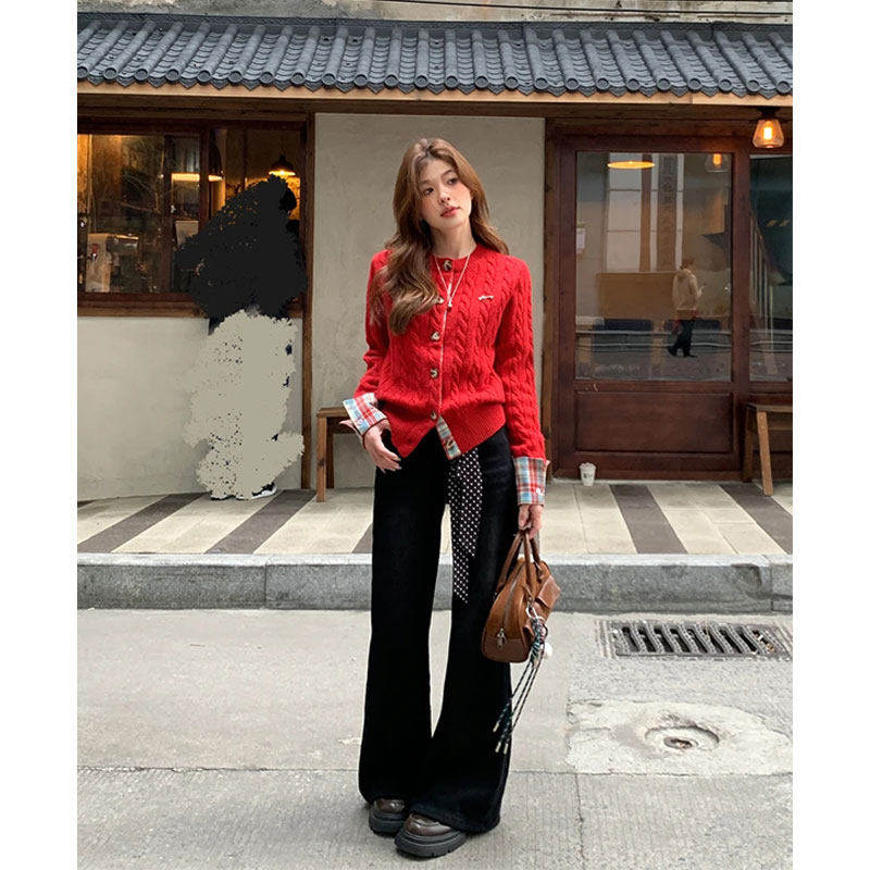 学院风格子拼接本命年穿搭红色毛衣开衫女秋冬加厚慵懒风针织外套,淘宝优惠券,粉丝福利购,淘宝优惠卷