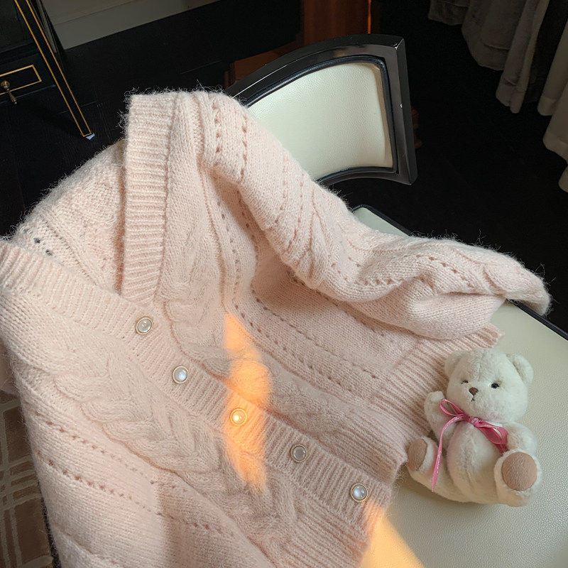 Lukira【柔柔心动】粉色麻花毛衣开衫外套女秋冬宽松慵懒针织上衣,淘宝优惠券,粉丝福利购,淘宝优惠卷